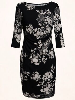 Anne Klein Black White Floral Ruched Sheath Midi Dress Size 6 EUC